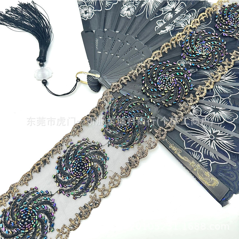 Cross-Border Beaded Embroidery Black Embroidered Lace Mesh Fabric with Beads and Sequins Lace Trim for Women's Clothing Cuffs and Collars Cross-Border Beaded Embroidery Black Embroidered Lace Mesh Fabric with Beads and Sequins Lace Trim for Women's Clothing Cuffs and Collars