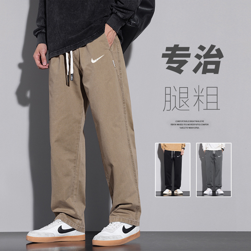 Cross-border 2025 men's casual pants summer elastic waist loose cotton straight wide leg long pants fashion men's pants fashion