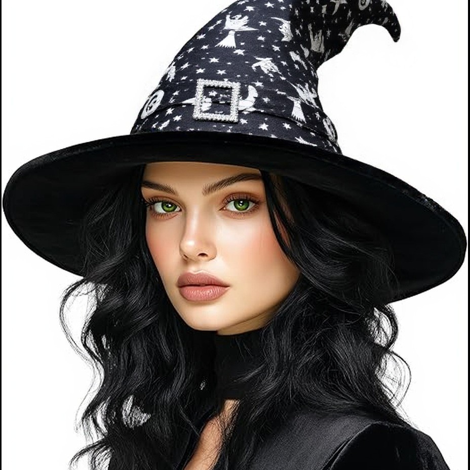 万圣节巫婆帽COS化妆舞会狂欢派对道具女巫装扮金丝绒烫金帽子