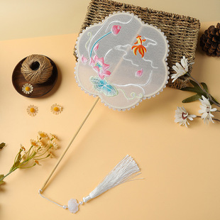 Summer lotus ball fan ancient style fan Chinese style embroidered embroidery round shaped Hanfu dance fan Su embroidery Palace fan