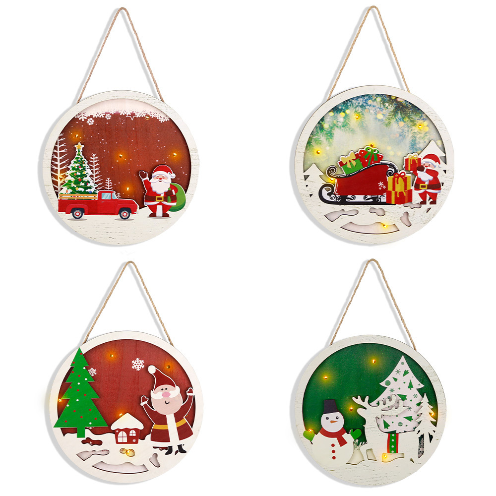Letrero de madera navideño para puerta, colgante de dibujos animados de Papá Noel y muñeco de nieve, decoración para fiesta de Navidad, luz LED brillante, letrero de madera de doble capa
