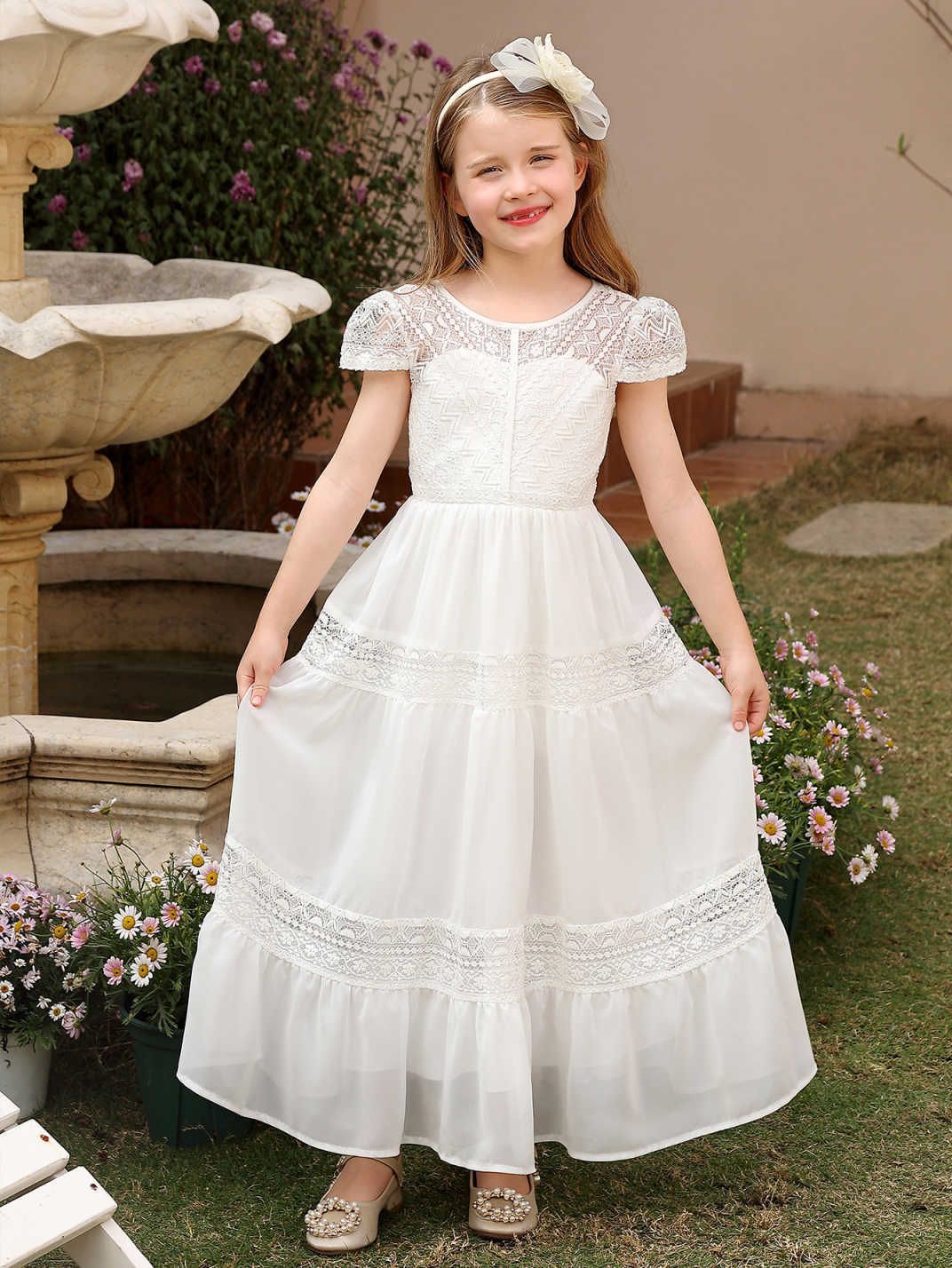 Vestido de princesa para niñas, vestido blanco elegante de manga corta, vestido largo, ropa infantil transfronteriza, vestido de niña para actuaciones, vestido de niña de las flores, vestido de boda