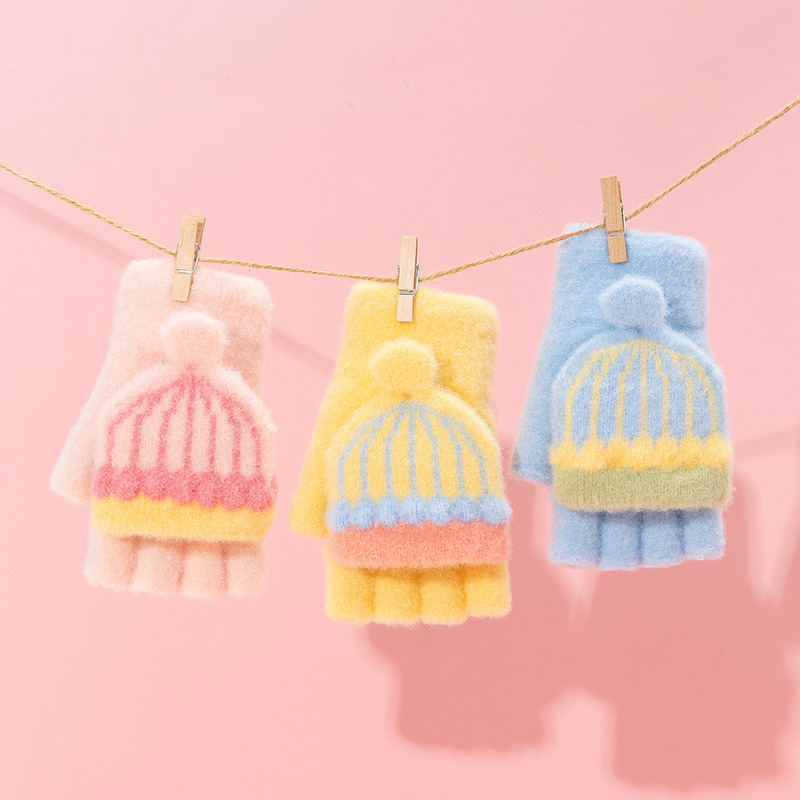 新しい子供用手袋、冬の子供用暖かい5本指フリップカバー、冬の雪遊び、大きな子供用ハーフフィンガー、小学生の書き込み|undefined