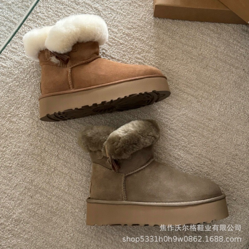 河南桑坡村加厚皮毛一体毛毛雪地靴女靴厚底一粒扣毛毛靴|undefined