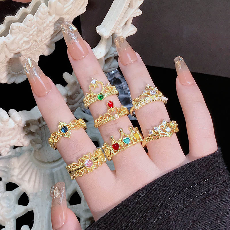 新款皇冠ins風輕奢百搭鋯石彩色滴釉開口戒指女小眾冷淡風指環潮