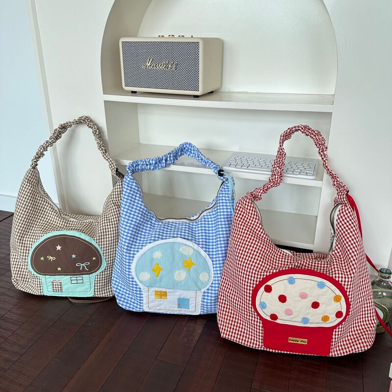 Japanese-Style Cartoon Plaid Canvas Bag for Girls, Commuter Shoulder Bag, Cute Storage Tote Bag for College Students Japanese-Style Cartoon Plaid Canvas Bag for Girls, Commuter Shoulder Bag, Cute Storage Tote Bag for College Students