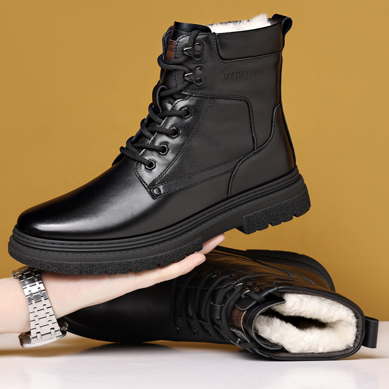 Capa de piel de vaca de invierno para hombres zapatos de algodón de lana de cuero al aire libre botas militares cálidas para hombres botas de cuero de terciopelo botas Martin para hombres