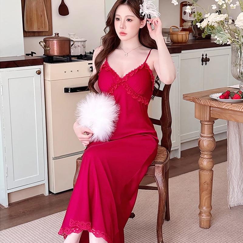 带胸垫冰丝吊带睡裙睡袍两件套长款睡衣法式纯欲仿真丝家居服女|undefined