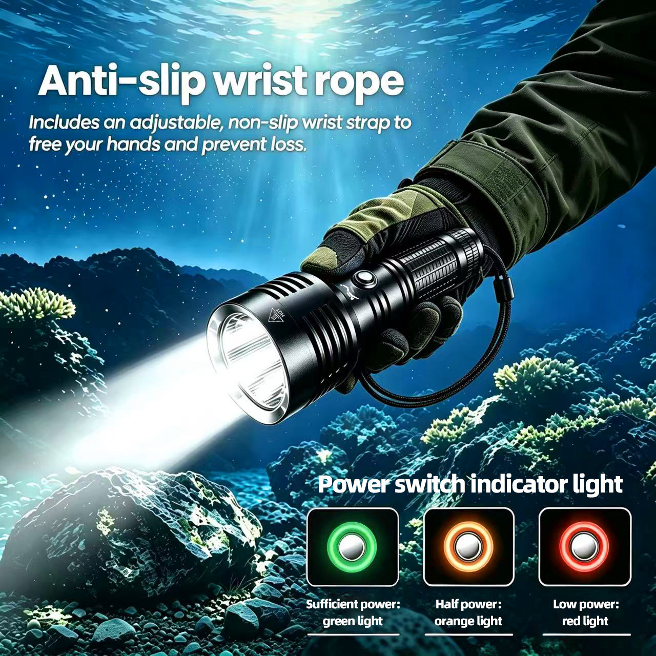 Diving flashlight, high-intensity, rechargeable, ultra-bright, waterproof, for underwater use, professional deep-sea diving, night diving, fishing, and beach activities