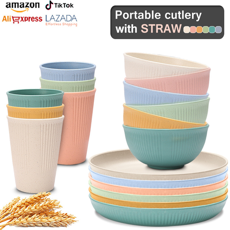 Wheat Straw Vertical Stripe Tableware Set for Home Use, Portable Bowls, Cups, Plates, Creative Gifts, Camping Dinner Plates, Knives, Forks, Spoons