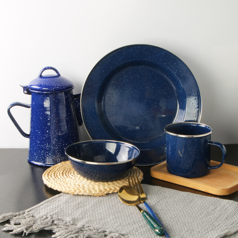 Stansport Enamel Coffee Pot European and American Style Water Cup Outdoor Camping Style Blue Pitted Enamel Cup Bowl and Plate