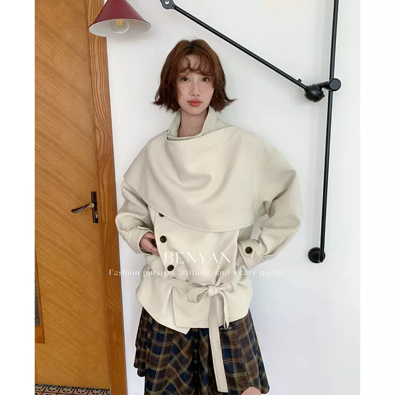 BENYAN本言 法式时尚披肩领羊毛外套斗篷式设计感呢子大衣女82523