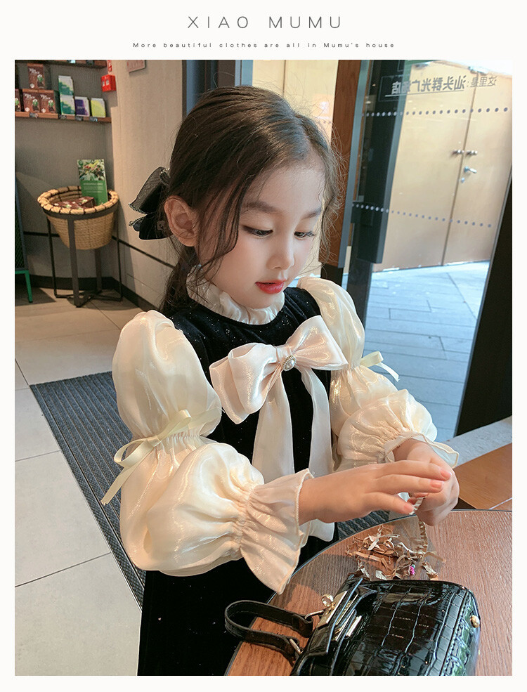 Girls' Spring and Autumn Long sleeved High end 2023 Western style Hepburn Small Fragrance Bow Bubble Sleeve Dress_voghion.com