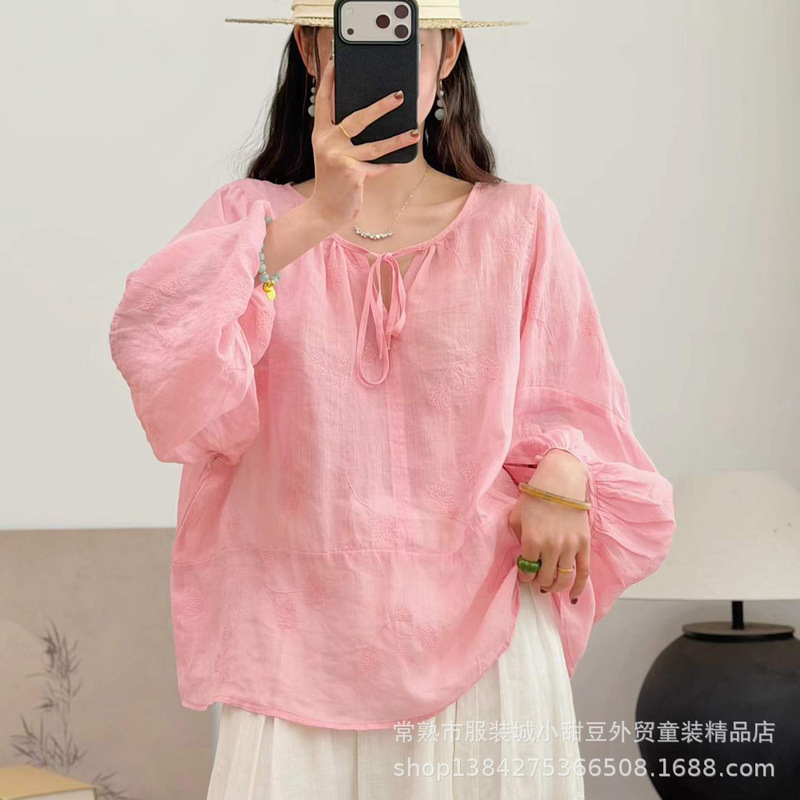 Summer New Style Gentle and Artistic Lace-Up Embroidered Shirt for Women with Lantern Sleeves, Fashionable Loose Pure Ramie Pullover Top