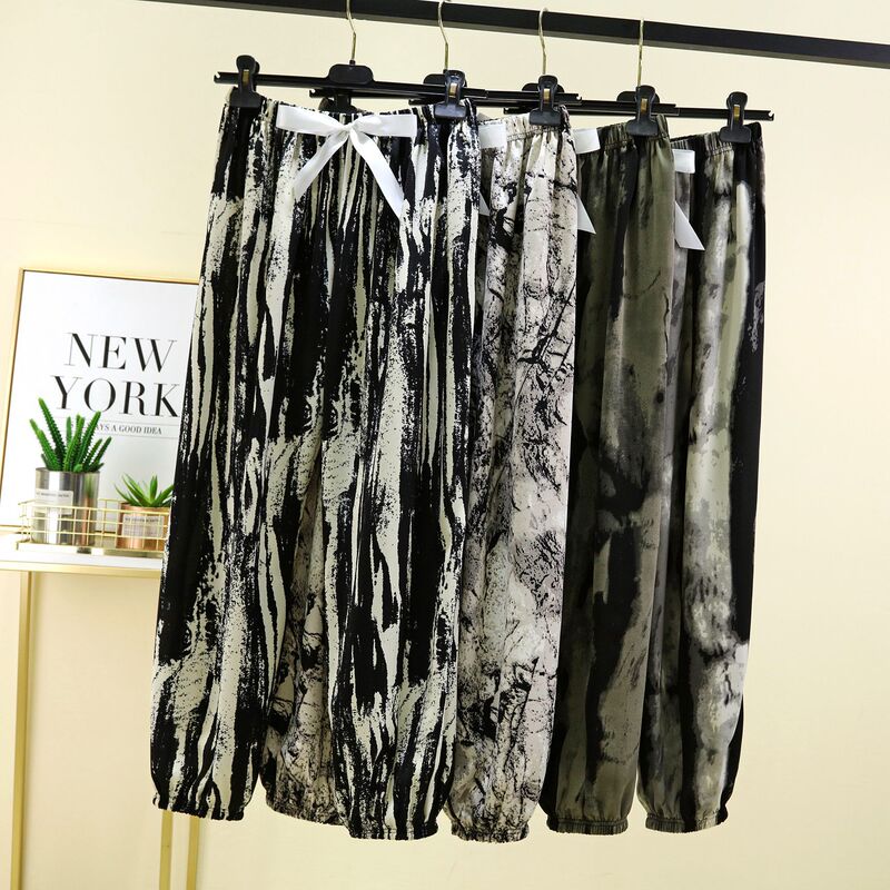 Summer lightweight ink painting style loose-fitting anti-mosquito pants for women, casual pants for outdoor wear, plus-size cuffed harem sports pants for home use Summer lightweight ink painting style loose-fitting anti-mosquito pants for women, casual pants for outdoor wear, plus-size cuffed harem sports pants for home use