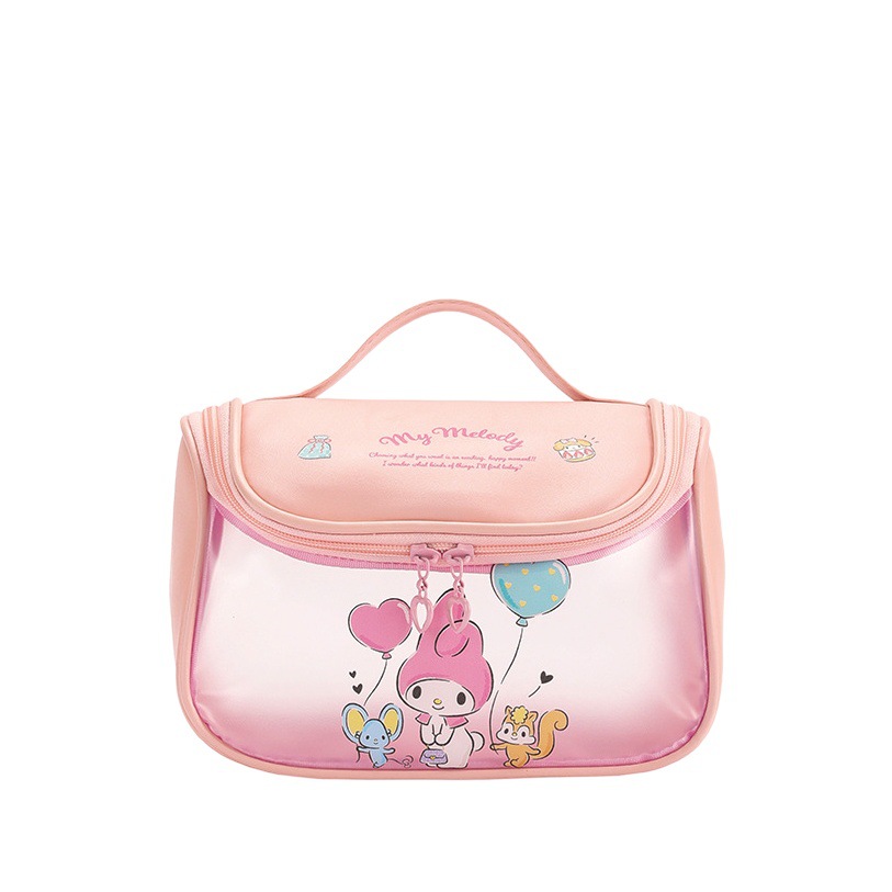 Sanrio bolsa de cosméticos de dibujos animados de gran capacidad portátil viaje de alta apariencia doble cremallera pu cuero bolsa de almacenamiento portátil