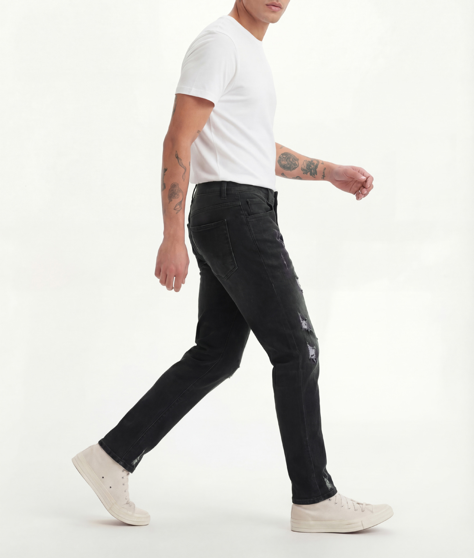 Men's Slim Fit Jeans Fashion Trend Elastic Patch Denim Trousers Mid Waist Black Long Casual Cotton Pants_mkmklike.com