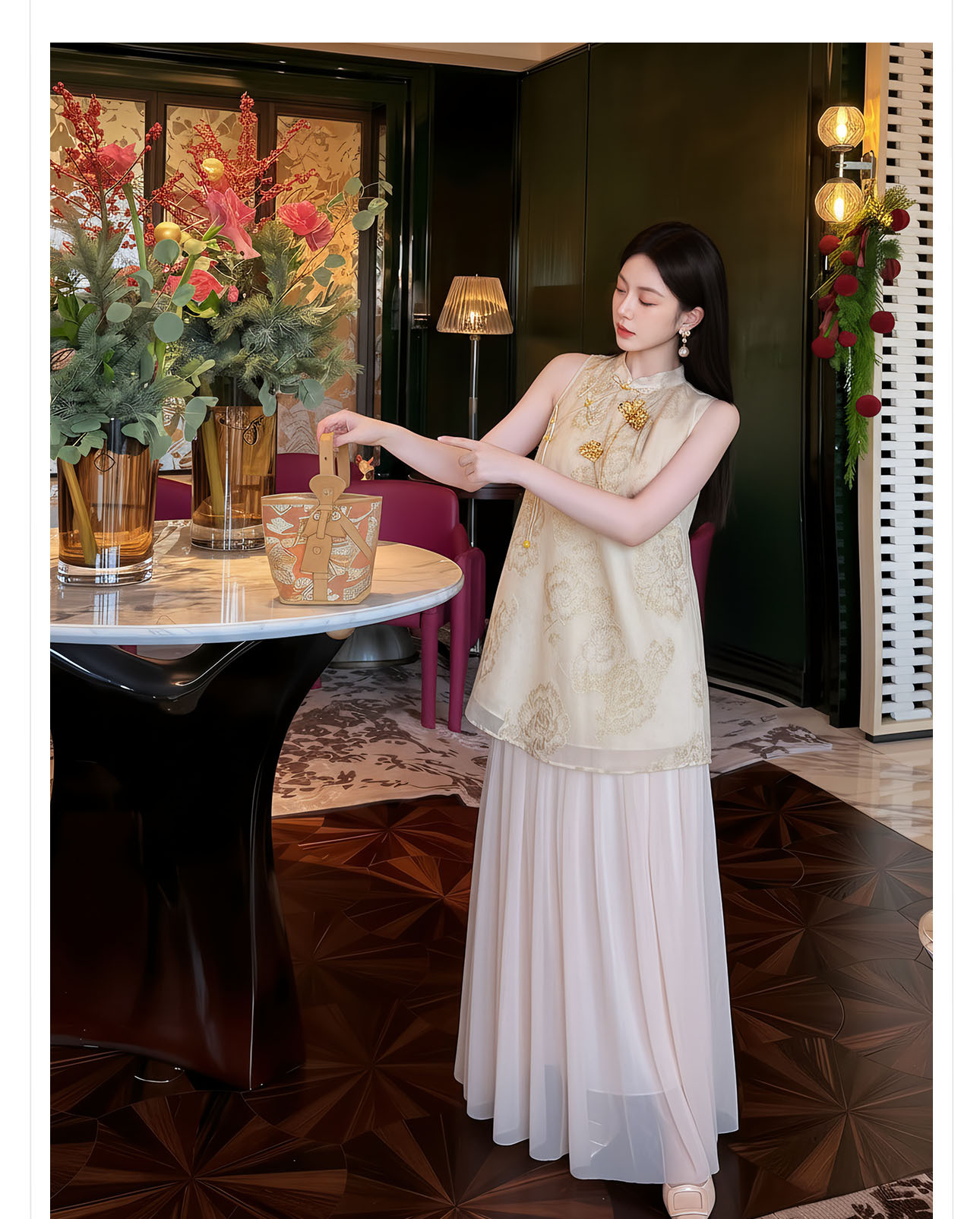 Đầm maxi nữ thắt eo thiết kế cổ điển họa tiết hoa nổi — Gừng chi tiết 5