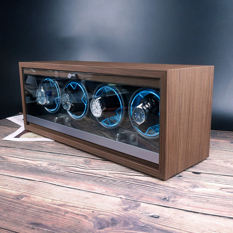 Black Walnut Grain Wooden Glass Door 4-Slot Watch Winder Mechanical Watch Winding Motor Box Watch Case with Dustproof Design