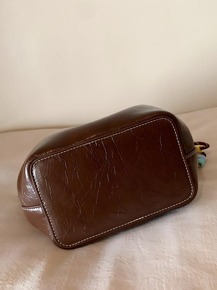 Glossy Ruched Mini Zip Closure Bucket Tote Bag 41