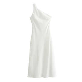 2024春wish亚马逊eBay白色亚麻不对称连衣裙