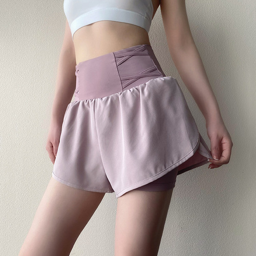 High-waist cinching exercise shorts for women, outerwear, anti-transparency pockets, quick-drying, loose, faux two-piece fitness yoga pants for summer
