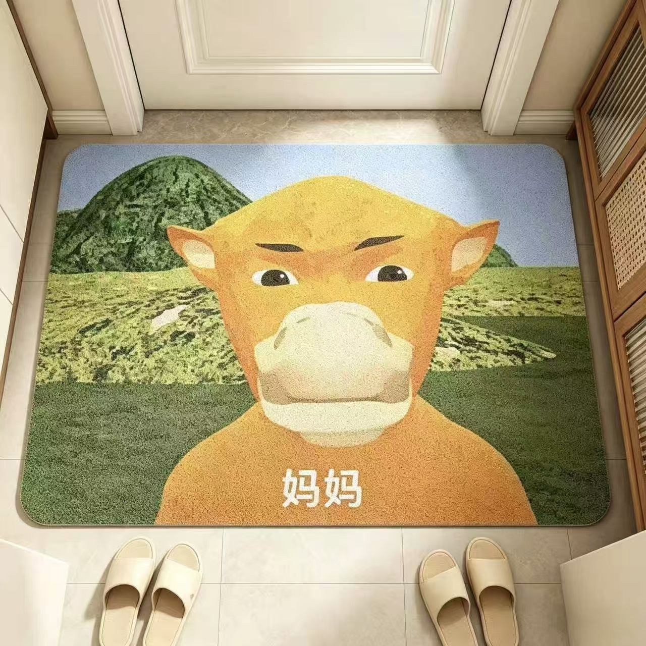 Diatom mud floor mat with cartoon cow design for home use in the bathroom, absorbent, non-slip, dirt-resistant, can be cut to size, bathroom floor mat