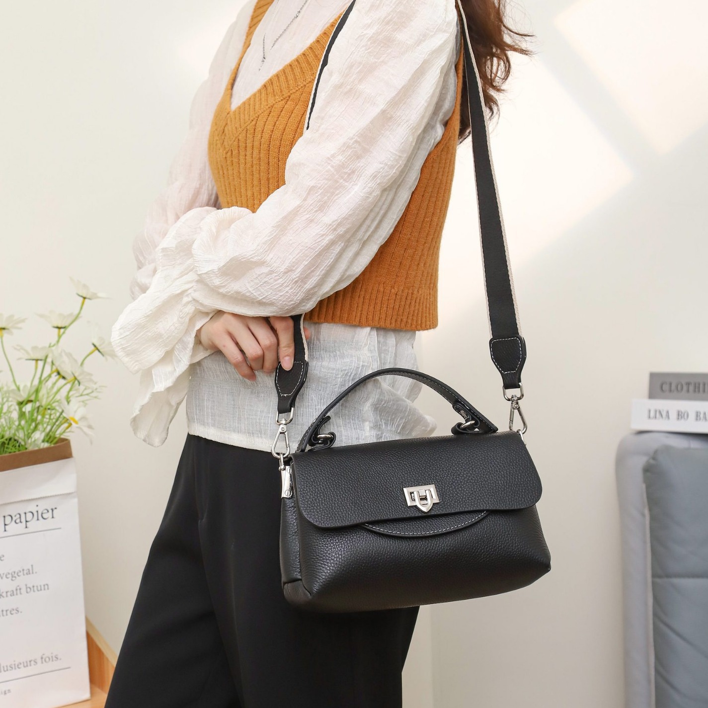 真皮手提包女2023新款复古气质OL通勤女包宽带时尚多袋单肩斜挎包