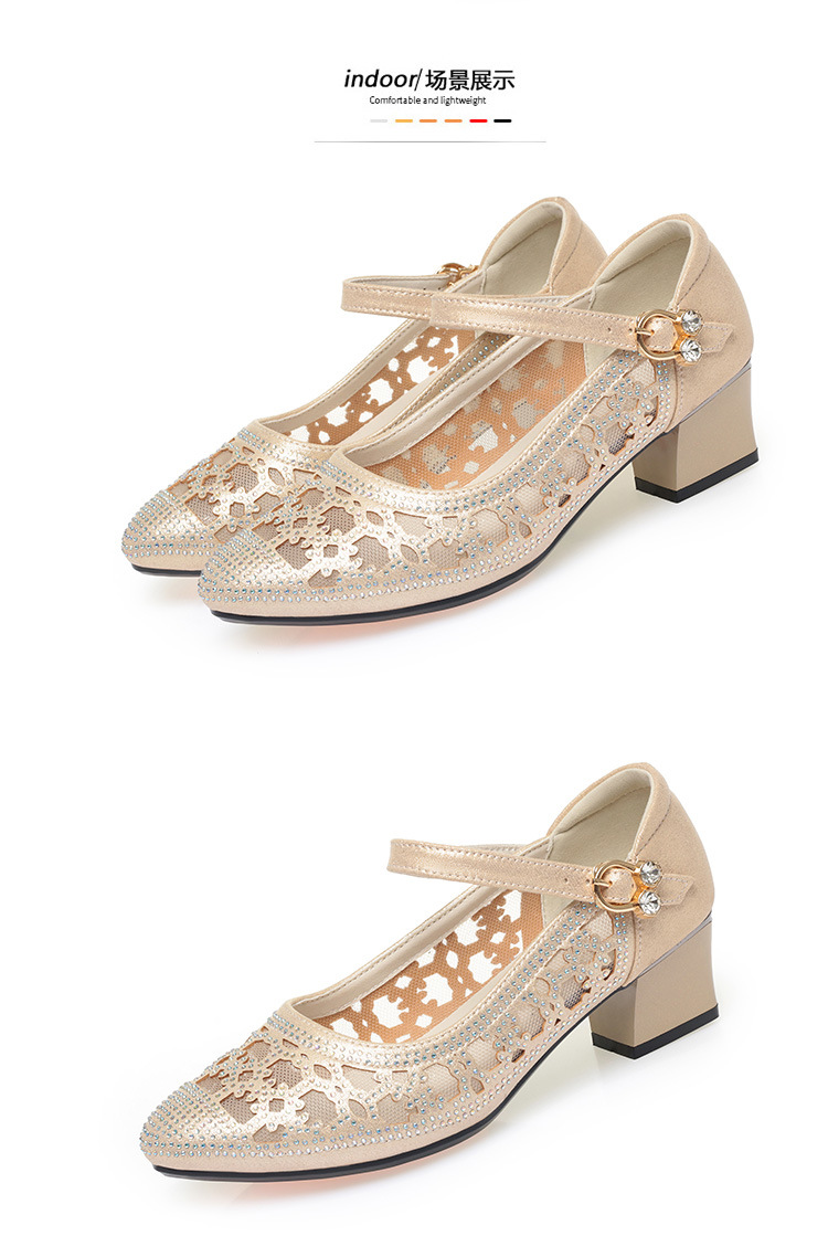 Sandal nữ da thật lưới hở mũi gót trung 4,5 cm đế mềm thoáng khí — Vàng【Gót trung 4.5cm】 chi tiết 10
