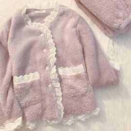 女童珊瑚睡衣秋冬季2025花边甜美新款加绒加厚家居服法兰绒套装