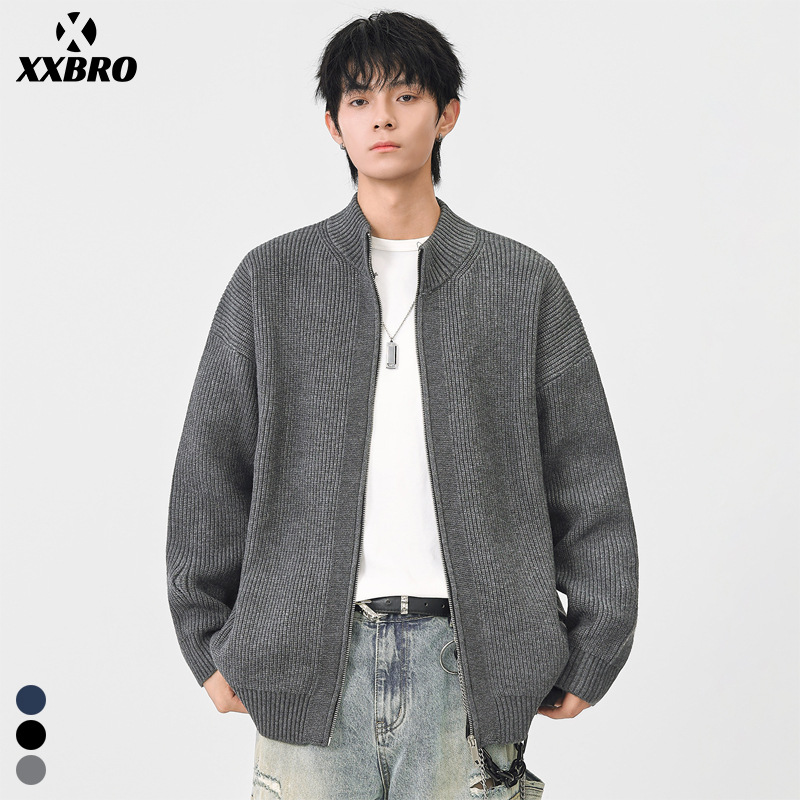 Muxi Clothing # Autumn and Winter Retro Gray Cardigan Sweater Jacket for Men, Stylish Knitted Trendy Loose Versatile Sweater.