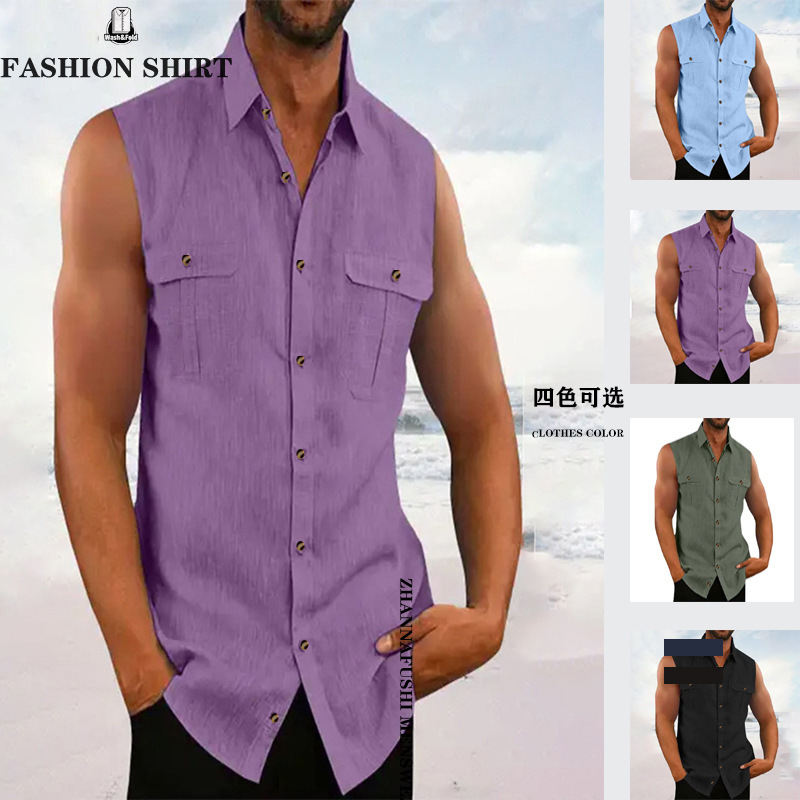 2025 Cross-Border Men's Clothing Simple Solid Color Lapel Sleeveless Shirt European and American Beach Multi-Color Men's Casual Shirt