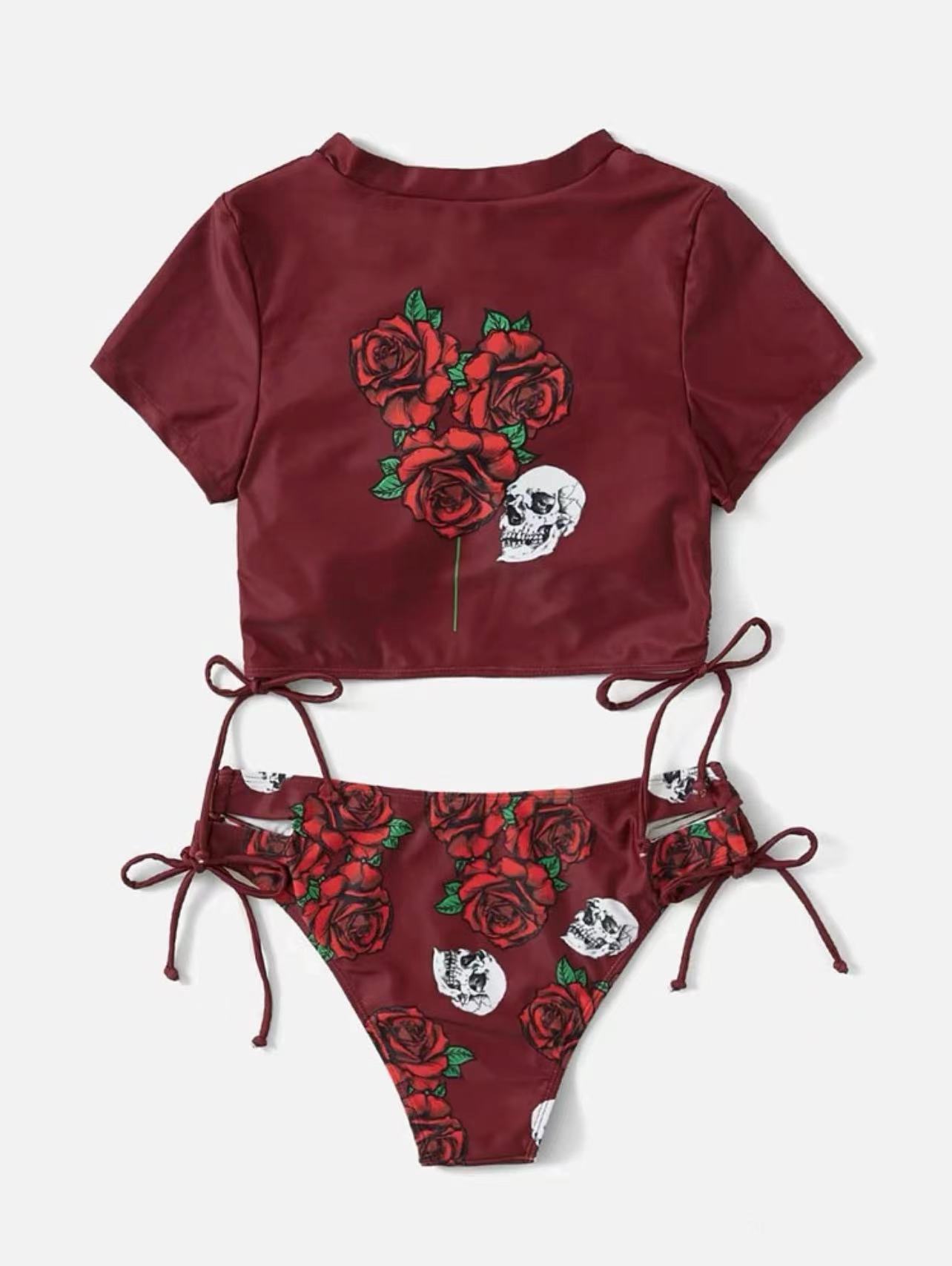 Mid Waist Panties Waist Bikini Panties Style Women'S Flower Skull Printing 2 Piece Set Bikinis Swimwear