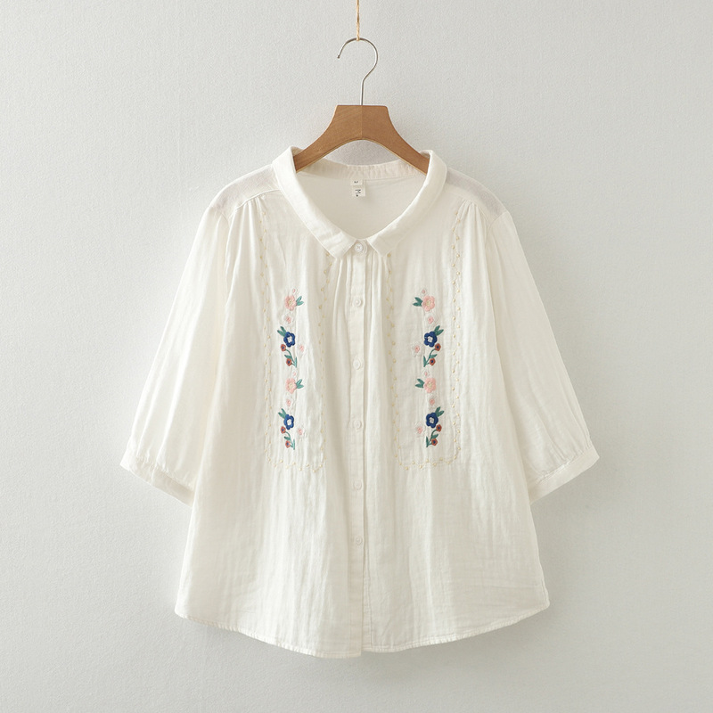 2025 Summer New Style Three-Quarter Sleeve Cotton Gauze Shirt for Women Loose and Versatile Embroidered Flower Soft Half-Sleeved Shirt 2025 Summer New Style Three-Quarter Sleeve Cotton Gauze Shirt for Women Loose and Versatile Embroidered Flower Soft Half-Sleeved Shirt