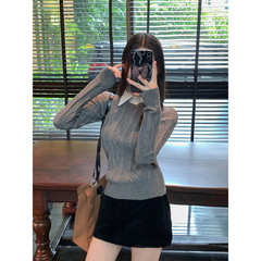 复古假两件polo衬衫领绞花毛衣女宽松显瘦针织上衣