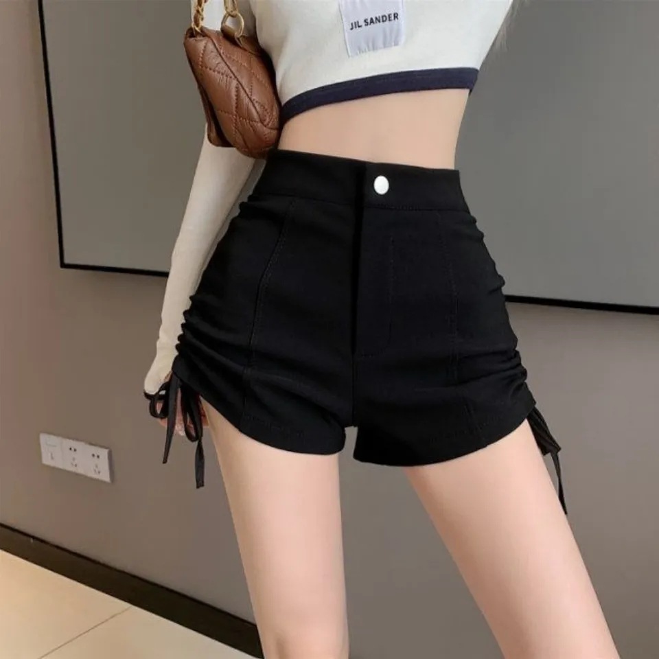 2023 spring and summer design sense niche high waist slimming pleated drawstring shorts versatile solid color tight casual pants for women