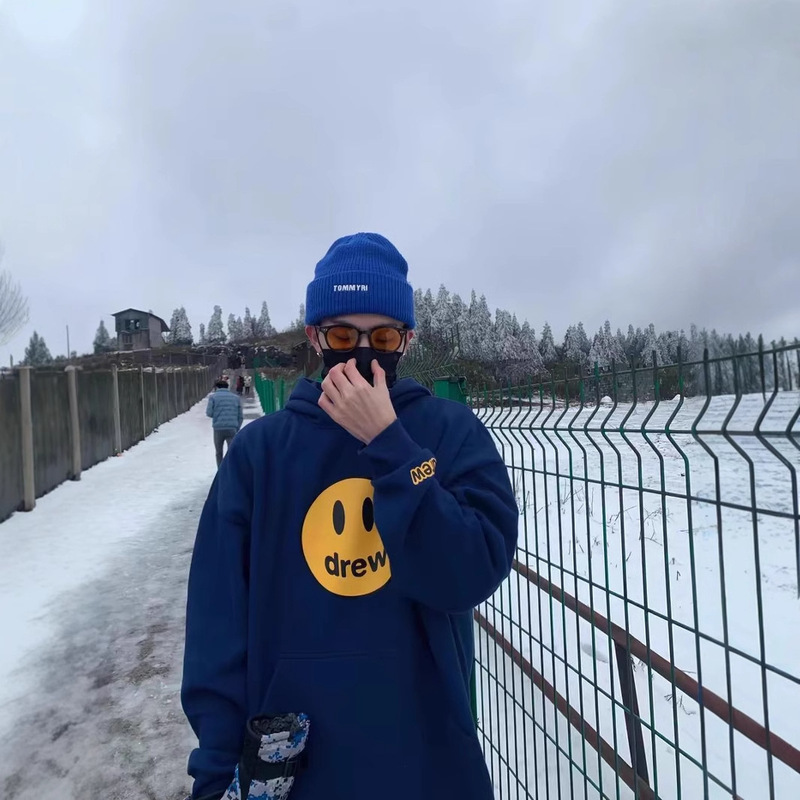 Drew Smiley Print American Fashion Brand Autumn and Winter New fleece-lined Hooded Sweat for Men and Women Couple