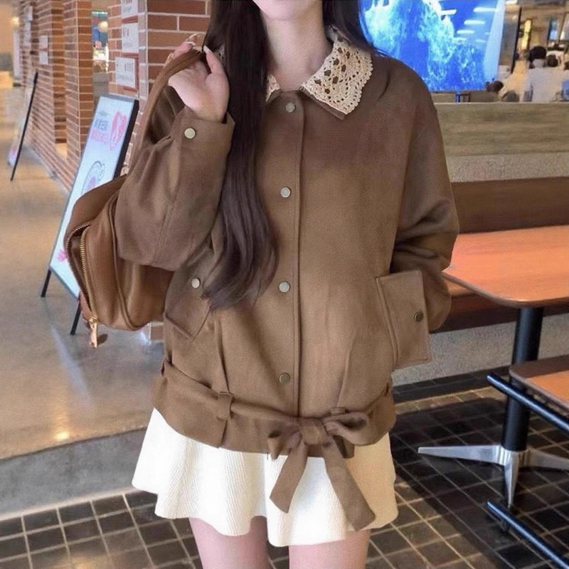 Cocoa Suede Jacket Women's 2025 New Autum Lapel Jacket Top Loose Lazy Style