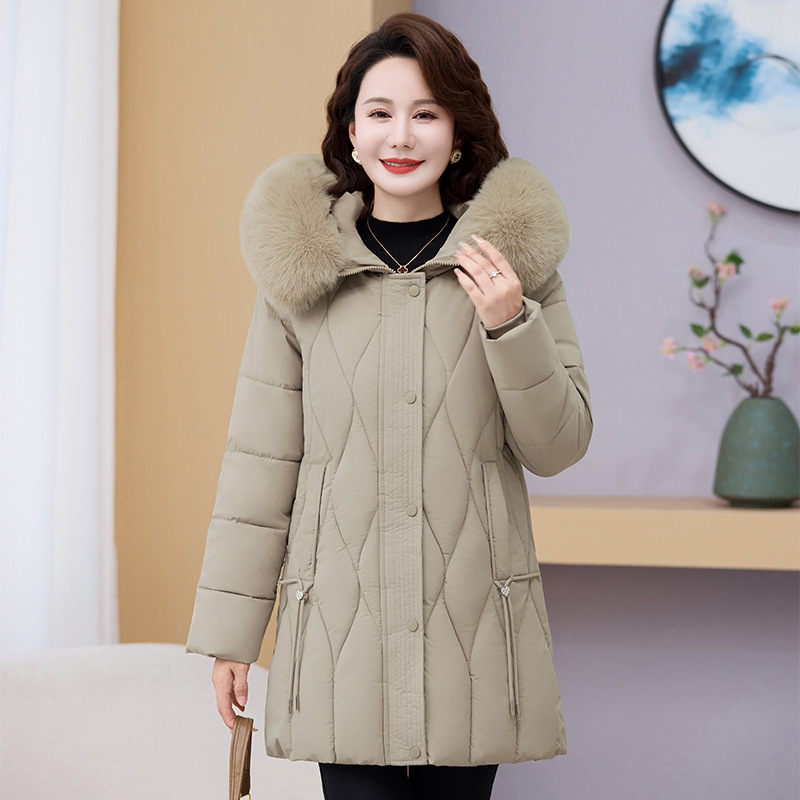 Ropa de mujer de mediana edad, abrigo de algodón de invierno, madres jóvenes vestidas con cuello de cabello grande, chaqueta de algodón gruesa media y larga image 6