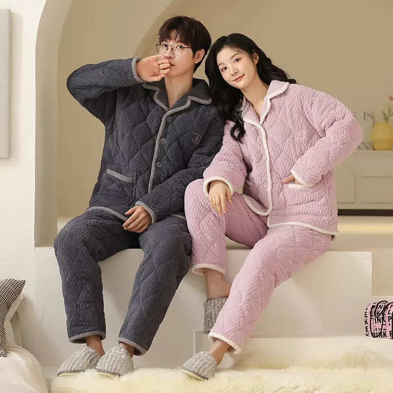 2025新款秋冬季情侣睡衣夹棉加绒加厚保暖法兰绒情侣家居服套装