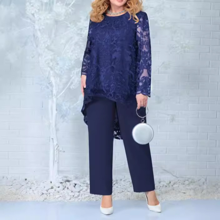 European and American New Style Dress Plus Size Women's Evening Dress Lace Embroidered Pants Two-Piece Cocktail Dress Set
