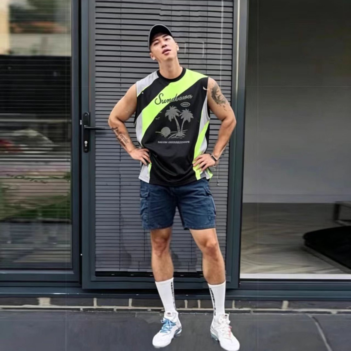 Cross-border trendy American-style casual men's vest with coconut tree sunset letter print, loose-fitting sports vest