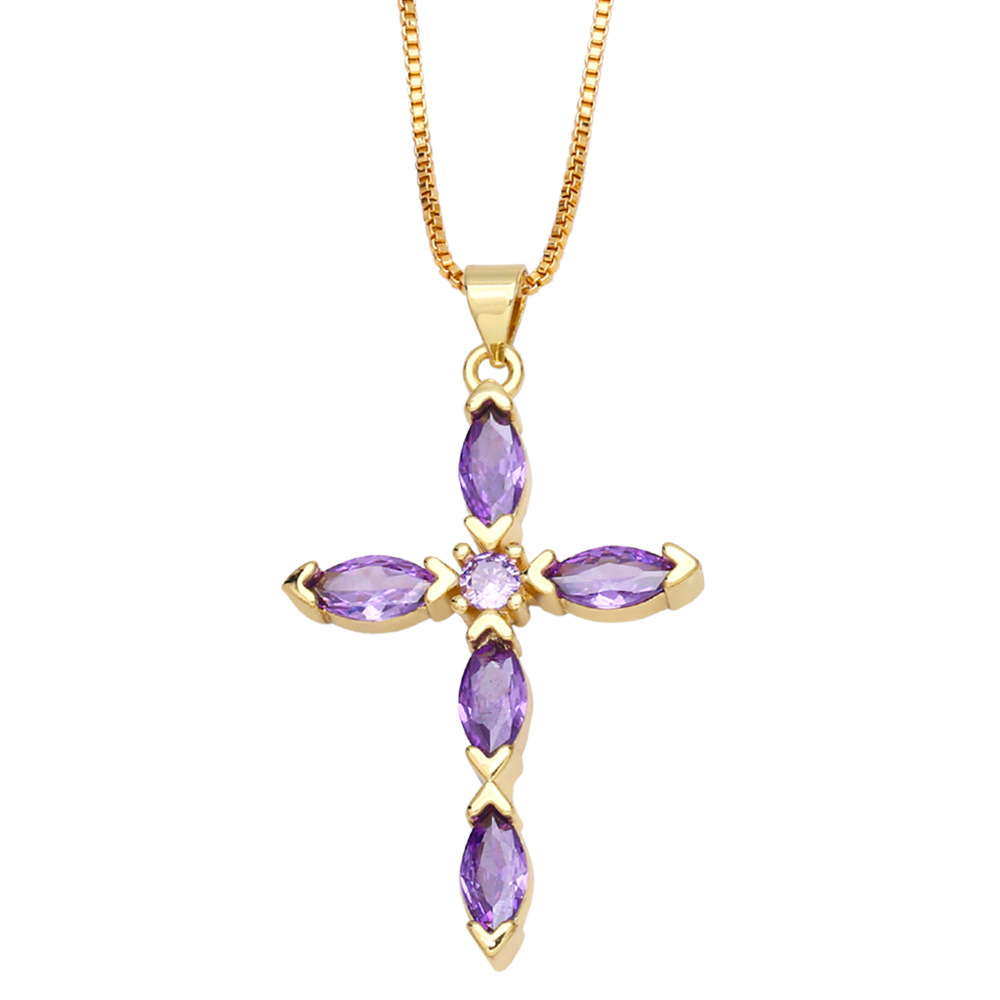 fashion cross copper gold-plated inlaid color zircon necklace