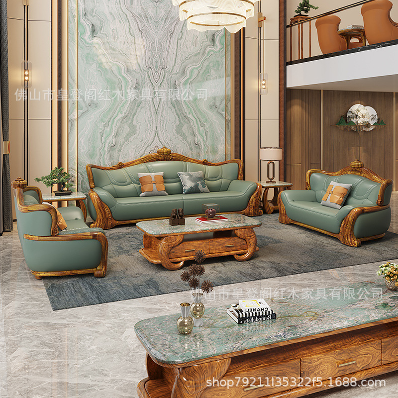 Crown Ebony Wood Thickened Leather Sofa Nordic Style Villa Luxury Large Living Room New Chinese Style First Layer Cowhide