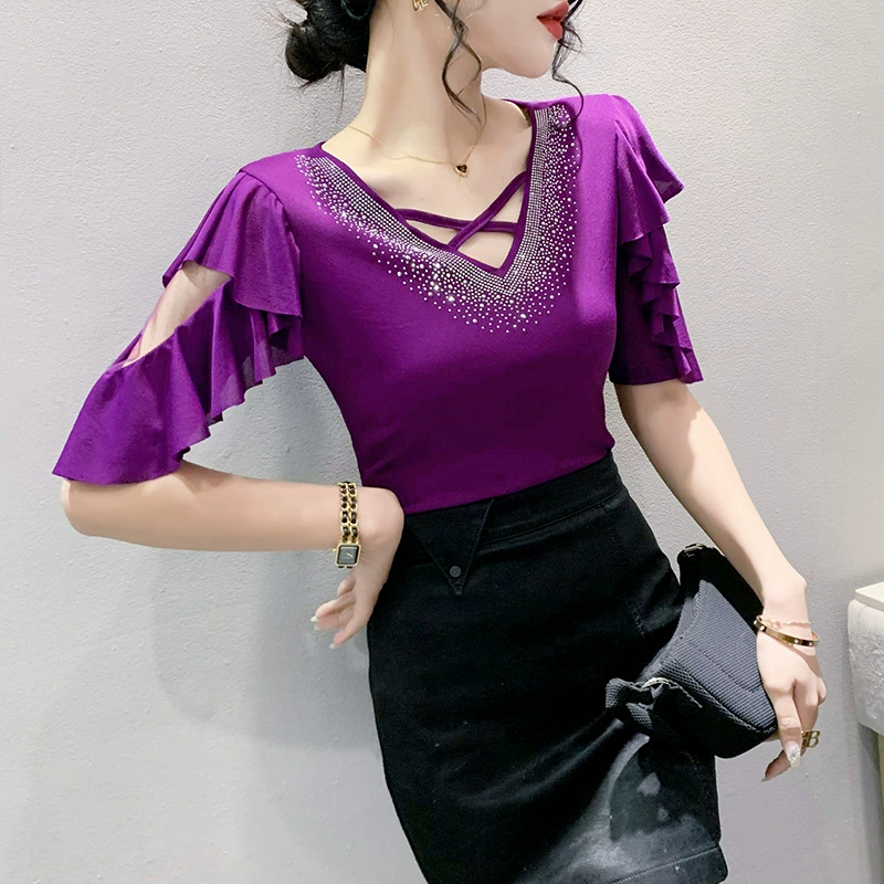 Реальный выстрел 2024 года новый оригинальный тяжелый бриллиант с двойной сеткой из листьев лотоса с короткими рукавами модный универсальный женский топ