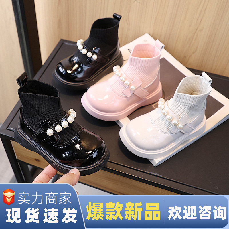 女童棉靴秋冬爆款小女孩时尚百搭二棉小皮鞋女童珍珠中筒短公主靴