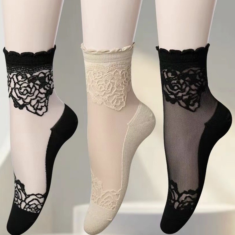 2026 Spring/Summer Hot-Selling Rose-Embellished Lace Trim Mesh Socks Non-Slip Women's Lace Cotton-Soled Stockings Wholesale