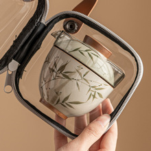 手绘翠绿文竹旅行茶具套装便携式一壶两杯车载户外露营陶瓷快客杯