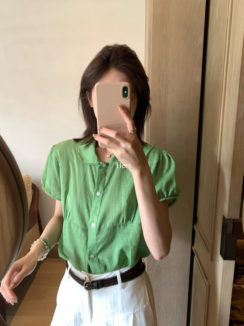 Áo sơ mi nữ tay phồng cổ bèo chất liệu ramie thoáng mát — màu trắng, xanh lá cây, màu mơ chi tiết 6