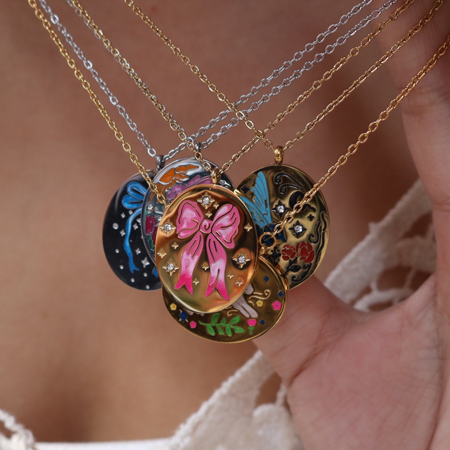 Lapin Animal Noeud D'Arc Style Vintage Zircon Acier Inoxydable 304 Plaqué Or 18K Pendentif Émail Placage Fermeture À Boucle De Type Homard display picture 1